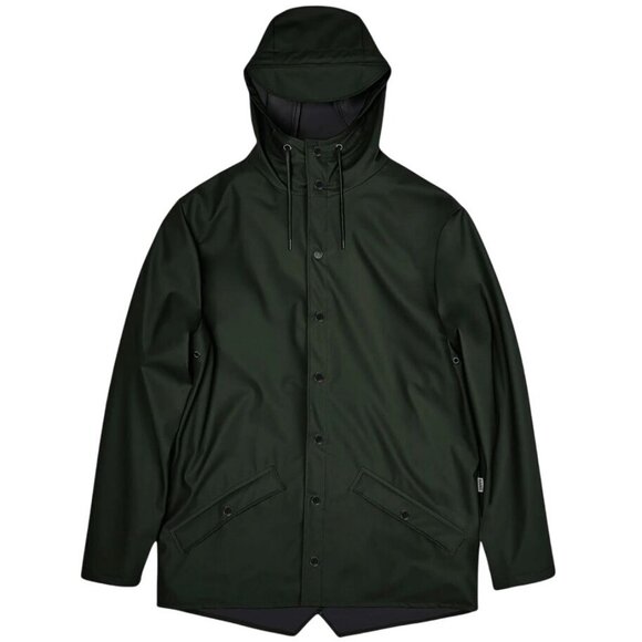Rains Rain Jacket Olive Green Unisex Large Hood Buttons Pockets Vented 1201 - Picture 1 of 3